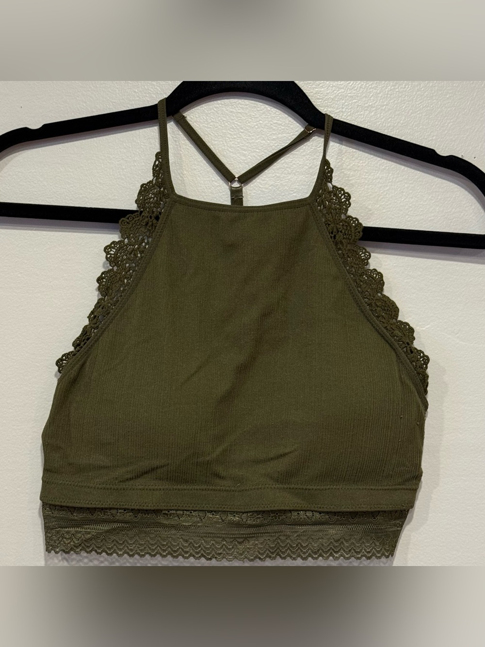 Fornia Olive Green Lace Trim High Neck Bralette Size M/L